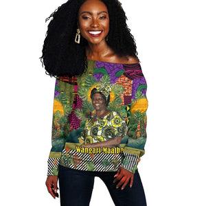 Wangari Maathai Off Shoulder Sweater Colorful Nature-Inspired Design Empowerment Quote African Print Environmental - African Pride
