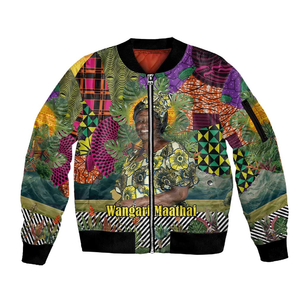 Wangari Maathai Sleeve Zip Bomber Jacket Colorful Nature-Inspired Design Empowerment Quote African Print Environmental - African Pride