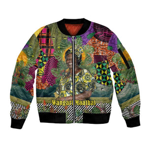 Wangari Maathai Sleeve Zip Bomber Jacket Colorful Nature-Inspired Design Empowerment Quote African Print Environmental - African Pride