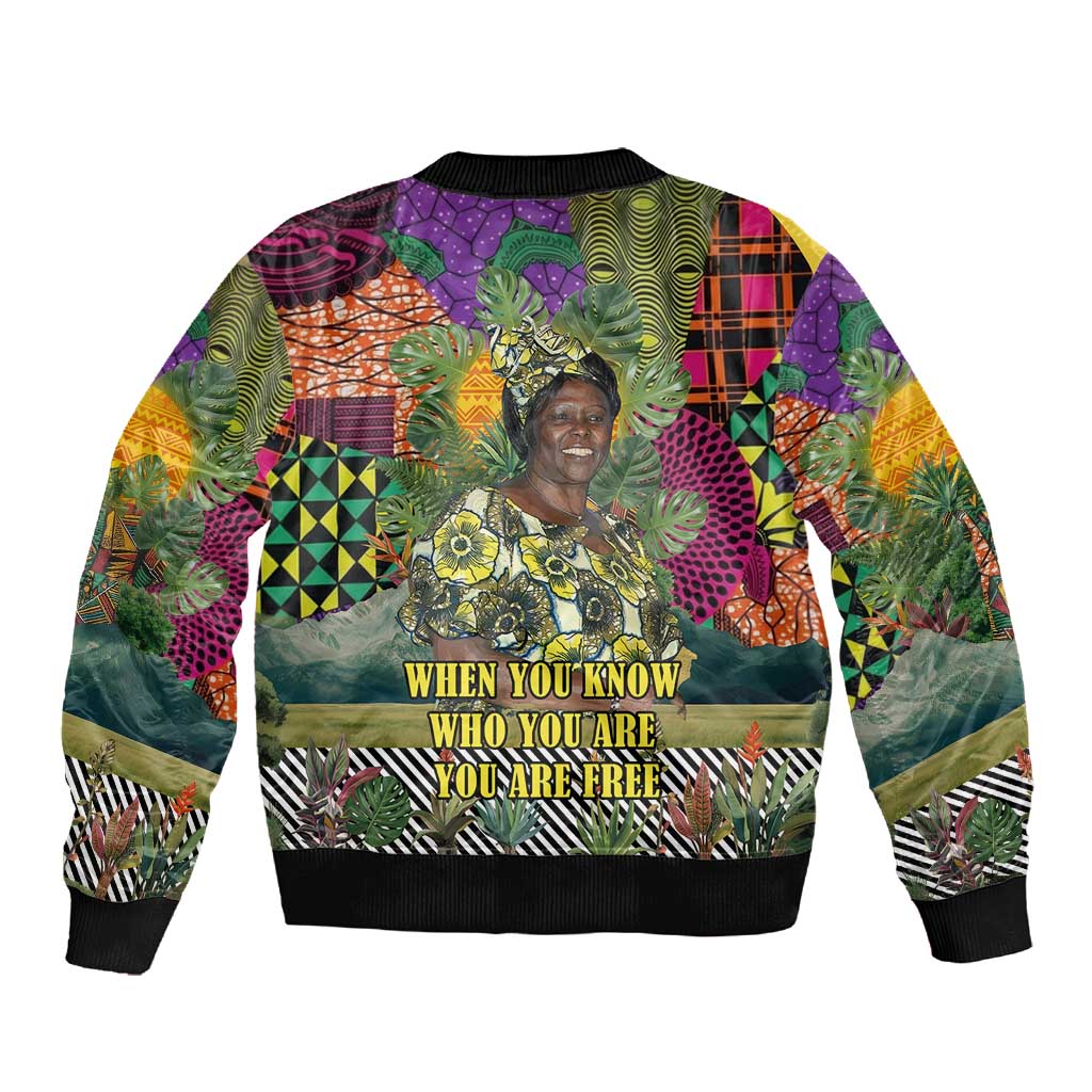 Wangari Maathai Sleeve Zip Bomber Jacket Colorful Nature-Inspired Design Empowerment Quote African Print Environmental - African Pride