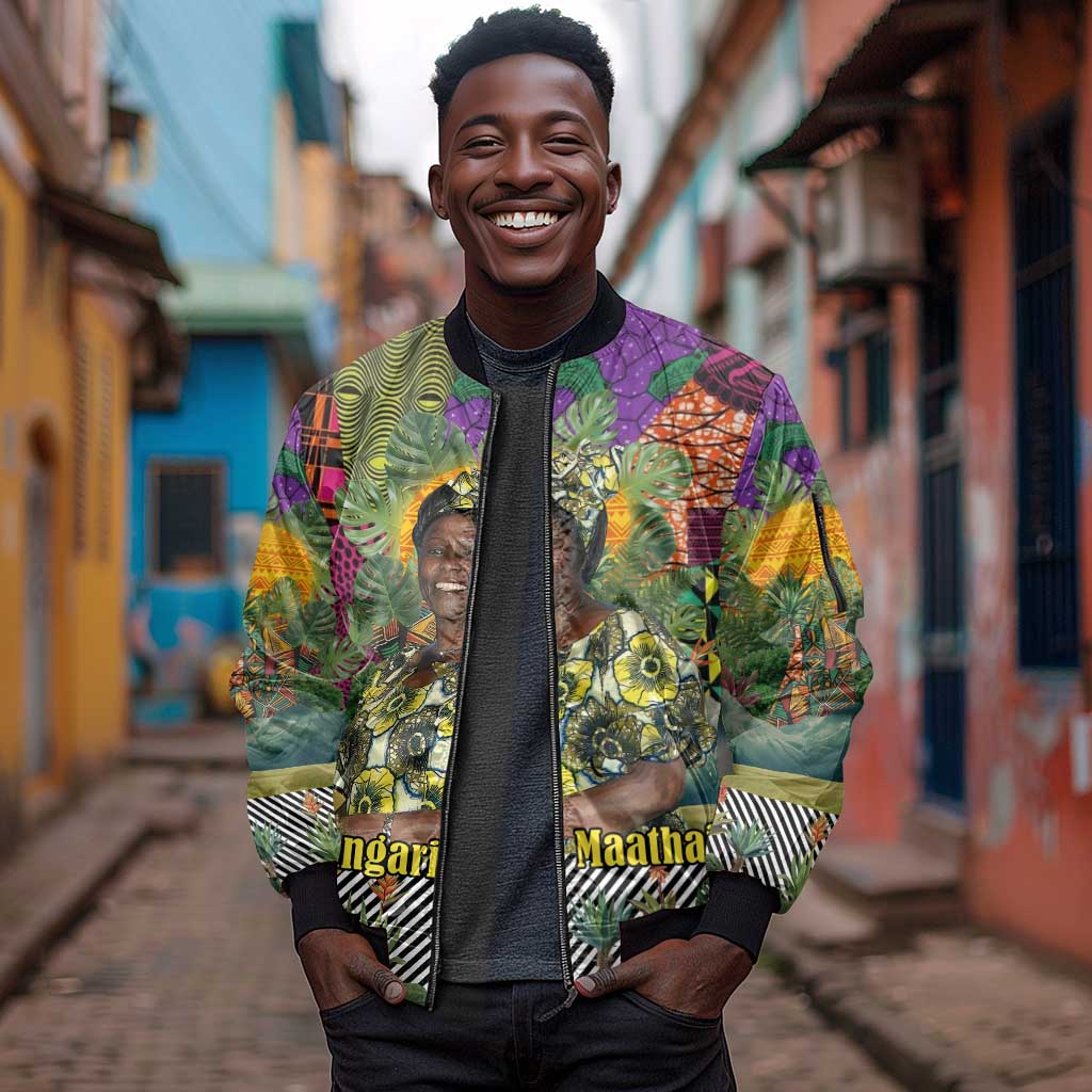 Wangari Maathai Sleeve Zip Bomber Jacket Colorful Nature-Inspired Design Empowerment Quote African Print Environmental - African Pride