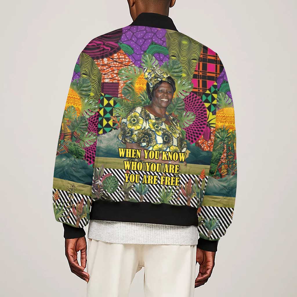 Wangari Maathai Sleeve Zip Bomber Jacket Colorful Nature-Inspired Design Empowerment Quote African Print Environmental - African Pride