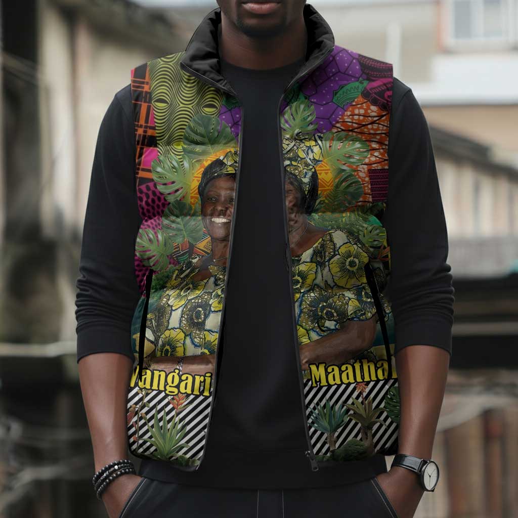 Wangari Maathai Sleeveless Puffer Jacket Colorful Nature-Inspired Design Empowerment Quote African Print Environmental - African Pride