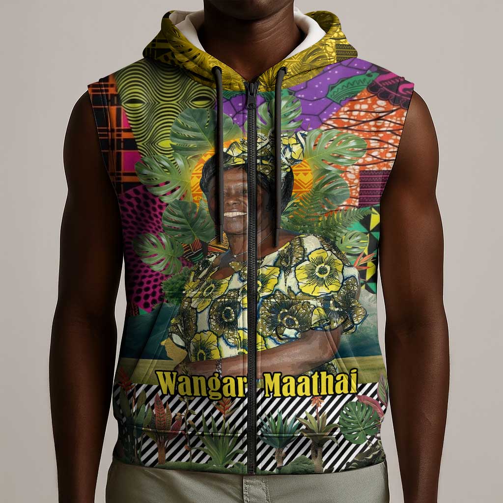 Wangari Maathai Sleeveless Zip Hoodie Colorful Nature-Inspired Design Empowerment Quote African Print Environmental - African Pride