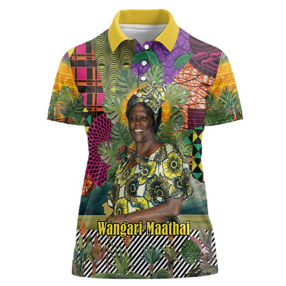 Wangari Maathai Women Polo Shirt Colorful Nature-Inspired Design Empowerment Quote African Print Environmental - African Pride