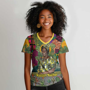 Wangari Maathai Women V-Neck T-Shirt Colorful Nature-Inspired Design Empowerment Quote African Print Environmental - African Pride