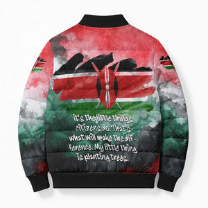 Wangari Maathai Bomber Puffer Jacket Kenyan Flag Watercolor Style - Environmental Quote Planting Trees Tribute Eco-Activism - African Pride