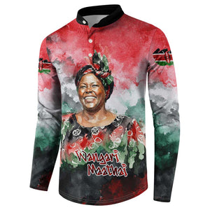 Wangari Maathai Button Sweatshirt Kenyan Flag Watercolor Style - Environmental Quote Planting Trees Tribute Eco-Activism