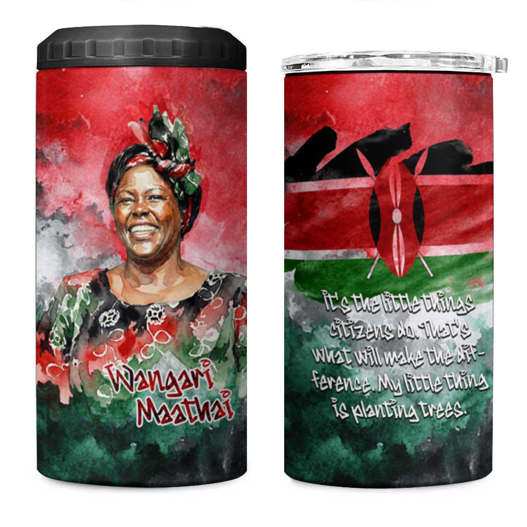 Wangari Maathai 4 in 1 Can Cooler Tumbler Kenyan Flag Watercolor Style - Environmental Quote Planting Trees Tribute Eco-Activism - African Pride