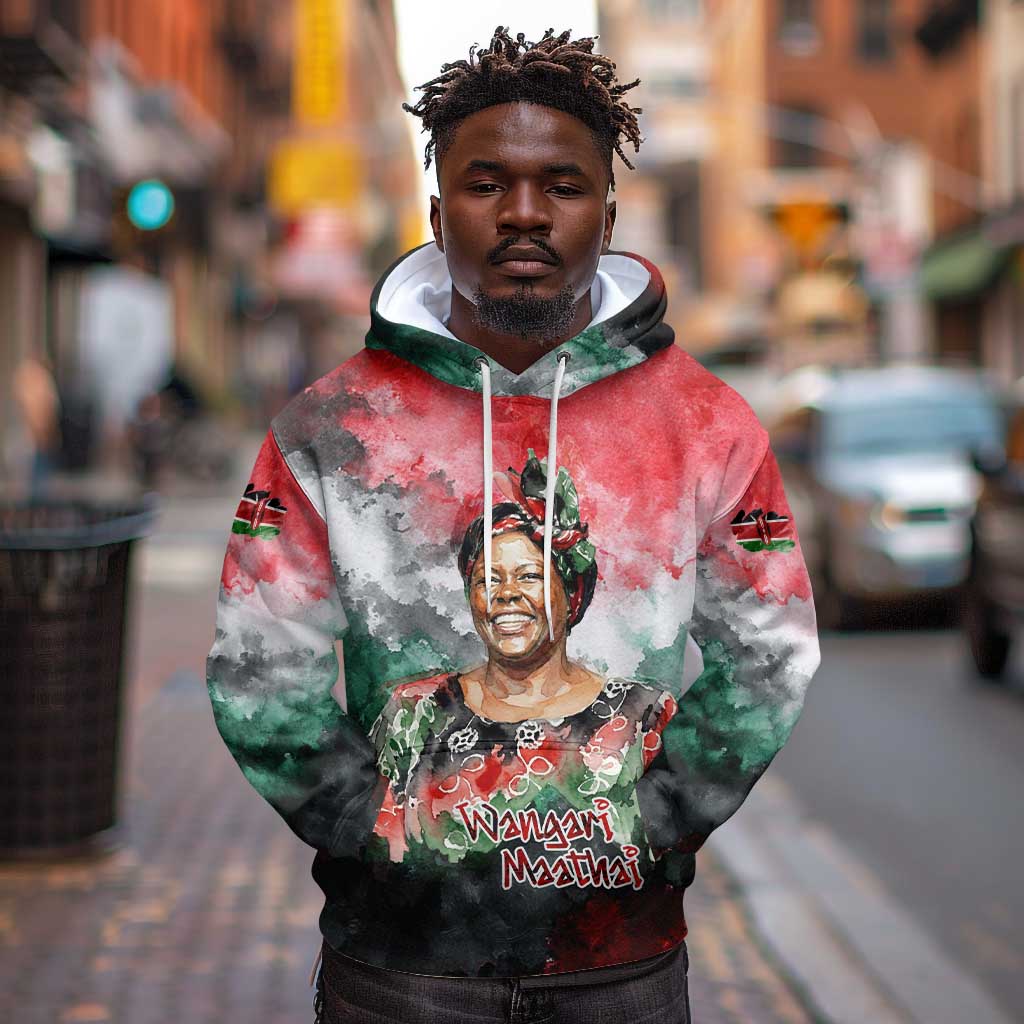 Wangari Maathai Hoodie Kenyan Flag Watercolor Style - Environmental Quote Planting Trees Tribute Eco-Activism - African Pride
