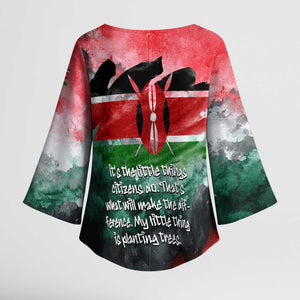 Wangari Maathai Kimono Sleeve Blouse Kenyan Flag Watercolor Style - Environmental Quote Planting Trees Tribute Eco-Activism - African Pride