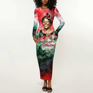Wangari Maathai Long Sleeve Bodycon Dress Kenyan Flag Watercolor Style - Environmental Quote Planting Trees Tribute Eco-Activism - African Pride