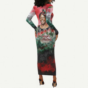 Wangari Maathai Long Sleeve Bodycon Dress Kenyan Flag Watercolor Style - Environmental Quote Planting Trees Tribute Eco-Activism - African Pride