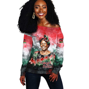 Wangari Maathai Off Shoulder Sweater Kenyan Flag Watercolor Style - Environmental Quote Planting Trees Tribute Eco-Activism - African Pride