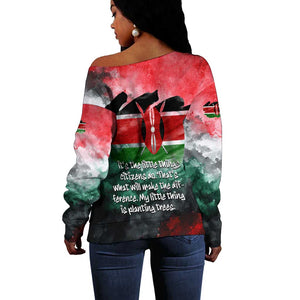 Wangari Maathai Off Shoulder Sweater Kenyan Flag Watercolor Style - Environmental Quote Planting Trees Tribute Eco-Activism - African Pride