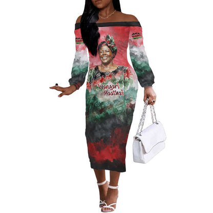 Wangari Maathai Off The Shoulder Long Sleeve Dress Kenyan Flag Watercolor Style - Environmental Quote Planting Trees Tribute Eco-Activism - African Pride