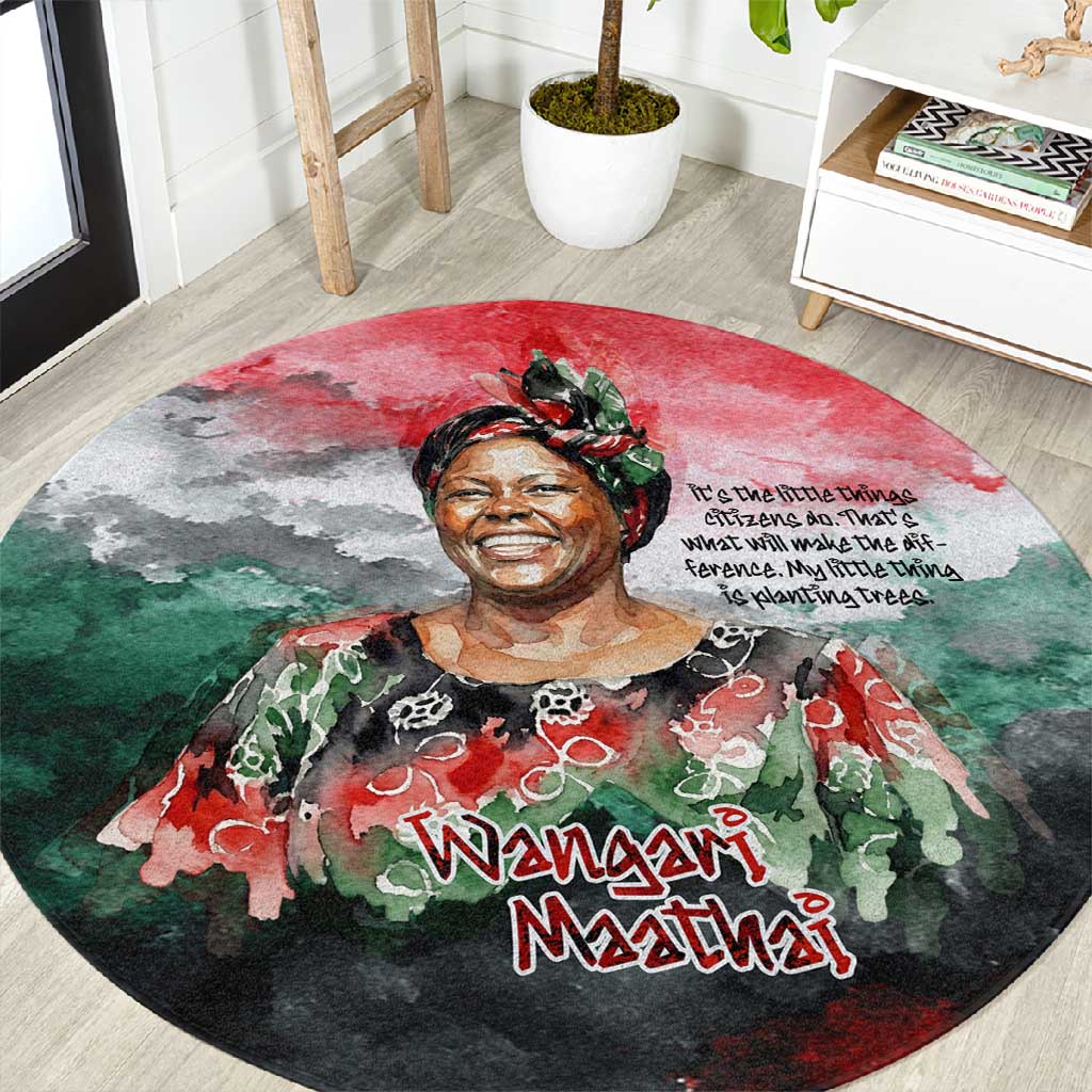 Wangari Maathai Round Carpet Kenyan Flag Watercolor Style - Environmental Quote Planting Trees Tribute Eco-Activism - African Pride