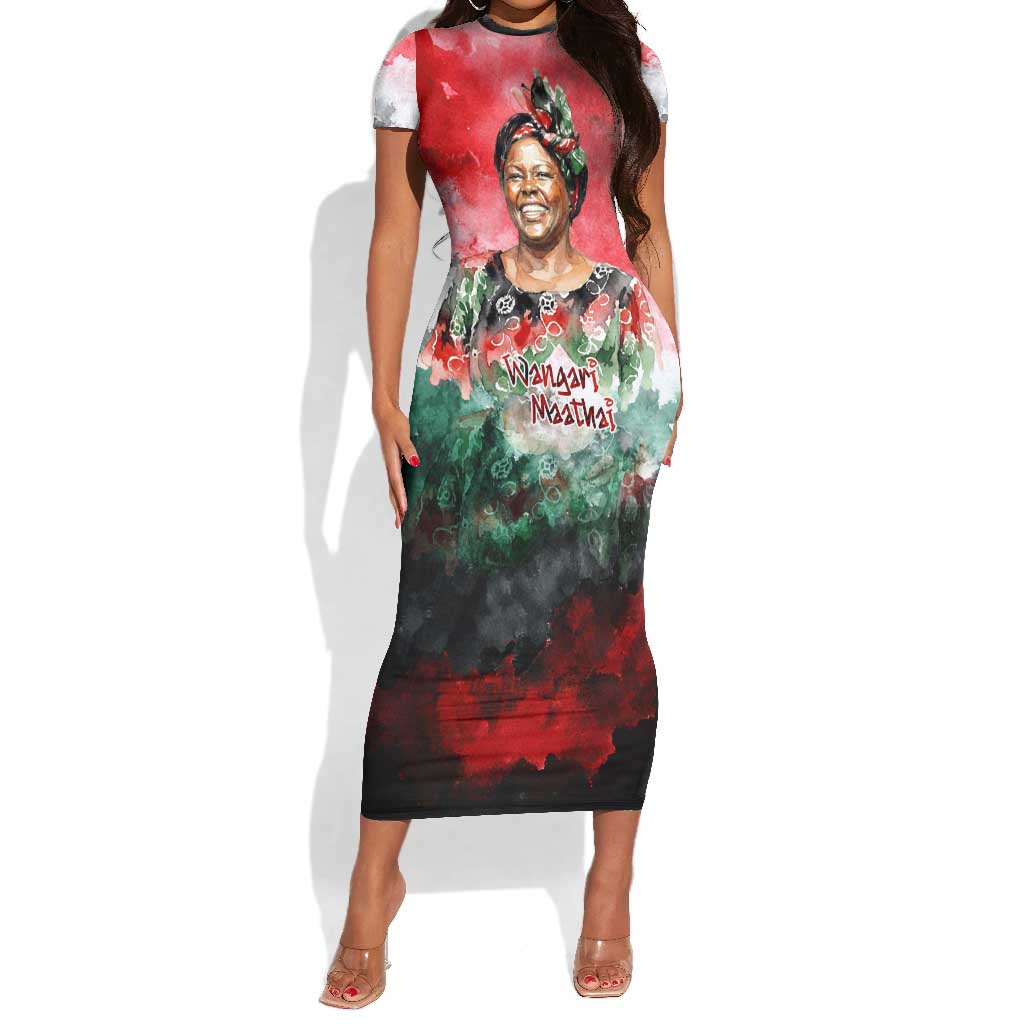 Wangari Maathai Short Sleeve Bodycon Dress Kenyan Flag Watercolor Style - Environmental Quote Planting Trees Tribute Eco-Activism - African Pride