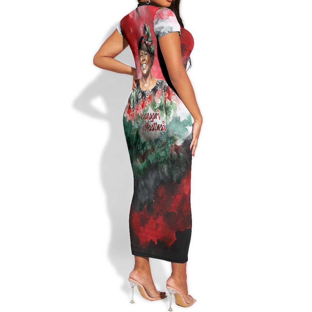 Wangari Maathai Short Sleeve Bodycon Dress Kenyan Flag Watercolor Style - Environmental Quote Planting Trees Tribute Eco-Activism - African Pride