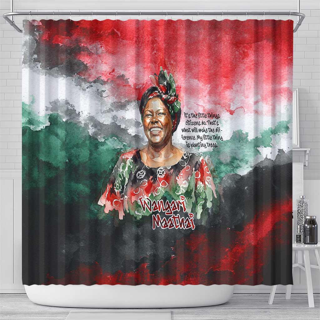 Wangari Maathai Shower Curtain Kenyan Flag Watercolor Style - Environmental Quote Planting Trees Tribute Eco-Activism - African Pride