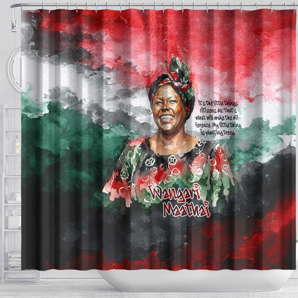 Wangari Maathai Shower Curtain Kenyan Flag Watercolor Style - Environmental Quote Planting Trees Tribute Eco-Activism - African Pride