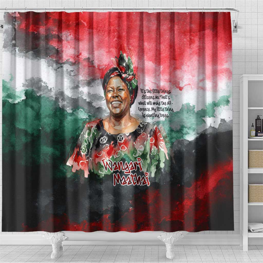 Wangari Maathai Shower Curtain Kenyan Flag Watercolor Style - Environmental Quote Planting Trees Tribute Eco-Activism - African Pride