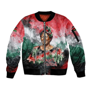 Wangari Maathai Sleeve Zip Bomber Jacket Kenyan Flag Watercolor Style - Environmental Quote Planting Trees Tribute Eco-Activism - African Pride