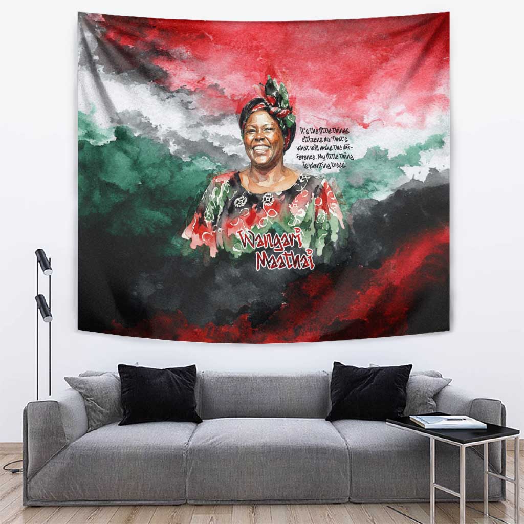 Wangari Maathai Tapestry Kenyan Flag Watercolor Style - Environmental Quote Planting Trees Tribute Eco-Activism - African Pride