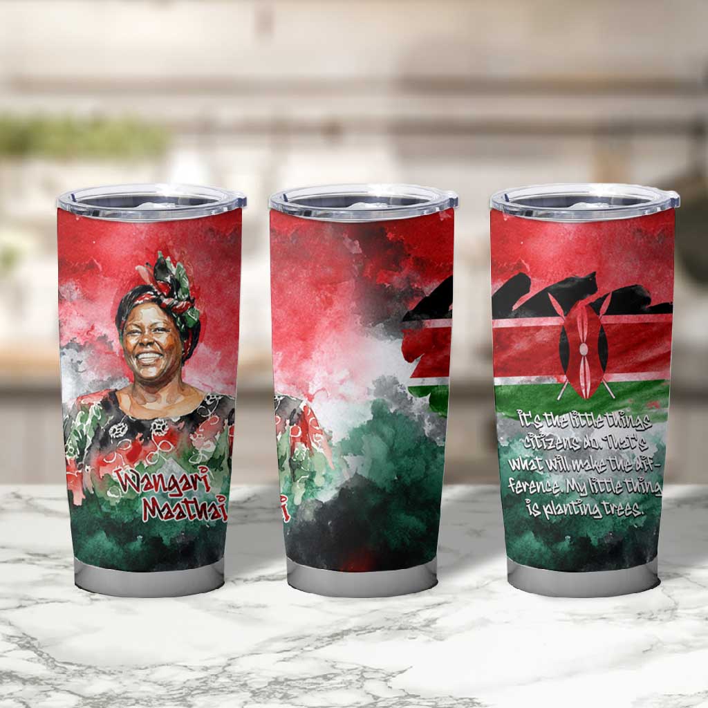 Wangari Maathai Tumbler Cup Kenyan Flag Watercolor Style - Environmental Quote Planting Trees Tribute Eco-Activism - African Pride