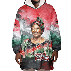 Wangari Maathai Wearable Blanket Hoodie Kenyan Flag Watercolor Style - Environmental Quote Planting Trees Tribute Eco-Activism - African Pride