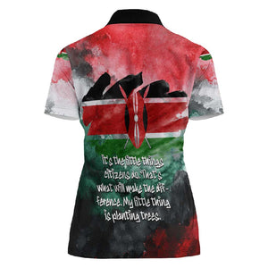 Wangari Maathai Women Polo Shirt Kenyan Flag Watercolor Style - Environmental Quote Planting Trees Tribute Eco-Activism - African Pride