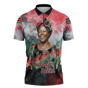 Wangari Maathai Zipper Polo Shirt Kenyan Flag Watercolor Style - Environmental Quote Planting Trees Tribute Eco-Activism - African Pride