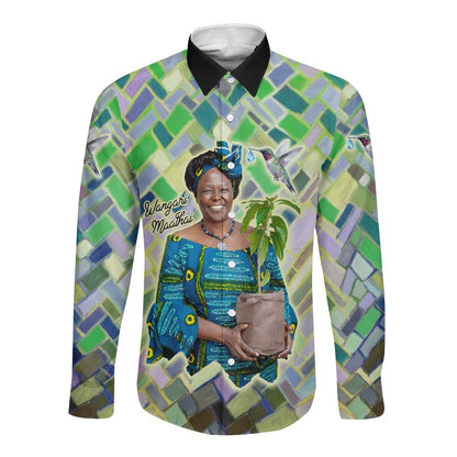 Wangari Maathai Long Sleeve Button Shirt Hummingbird Quote Tree Planting Theme Environmental Justice Tribute - African Pride