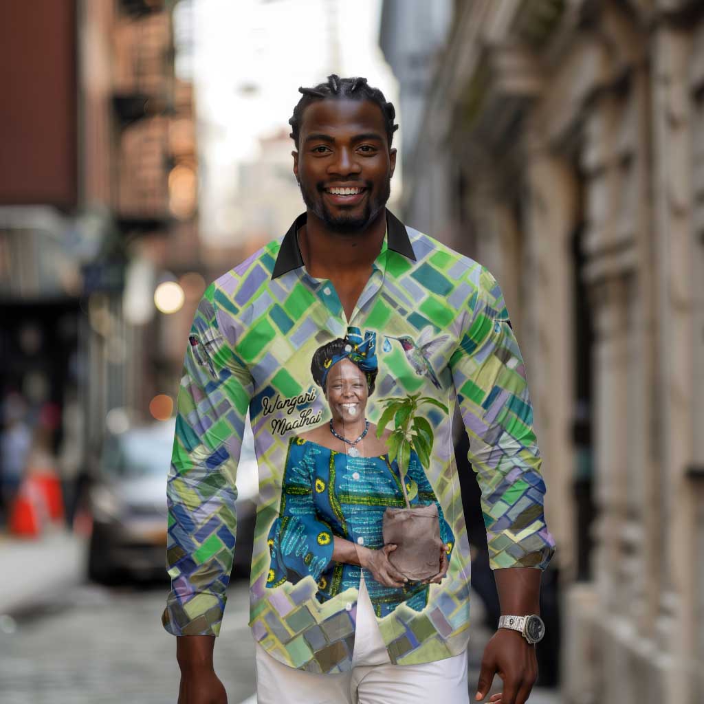 Wangari Maathai Long Sleeve Button Shirt Hummingbird Quote Tree Planting Theme Environmental Justice Tribute - African Pride