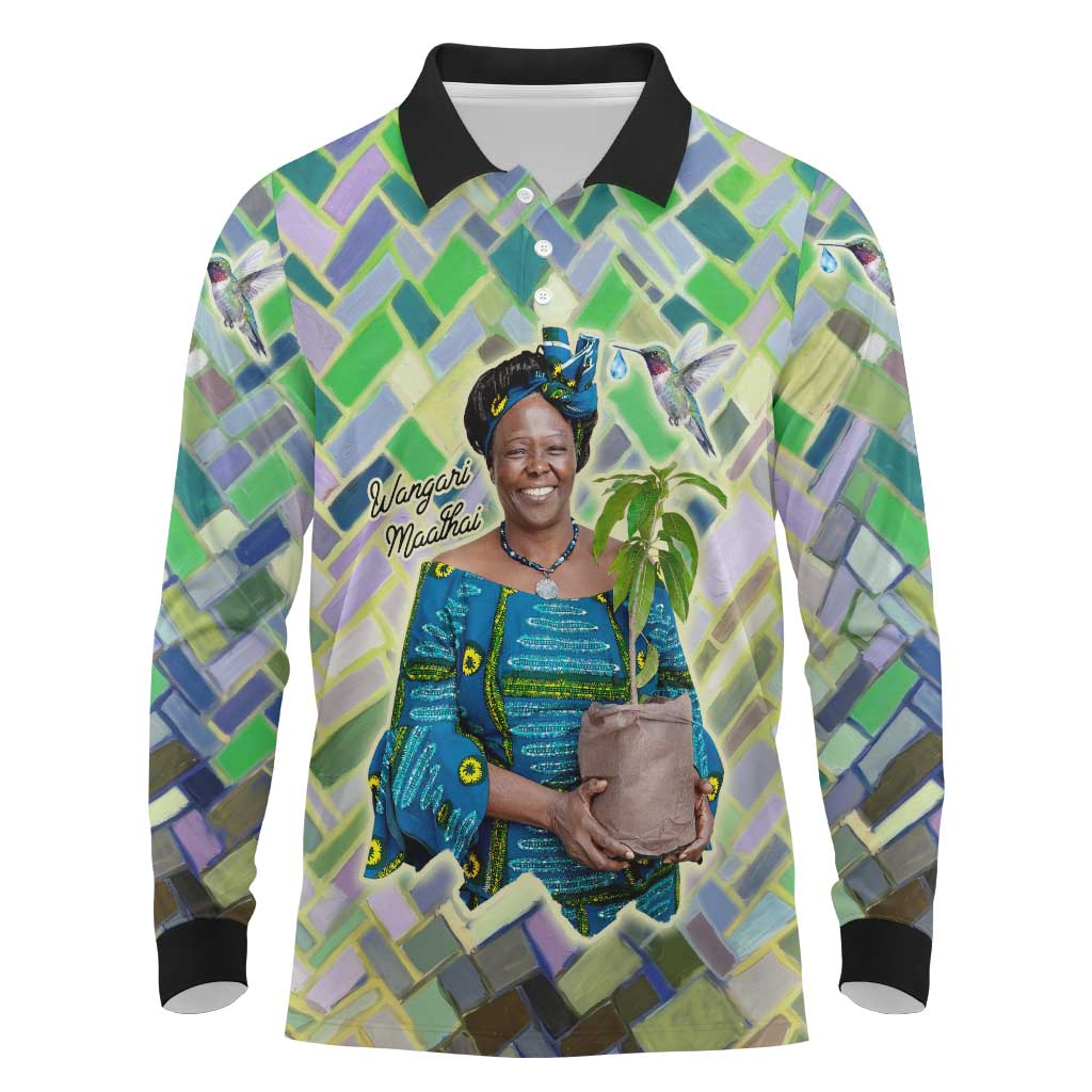 Wangari Maathai Long Sleeve Polo Shirt Hummingbird Quote Tree Planting Theme Environmental Justice Tribute - African Pride