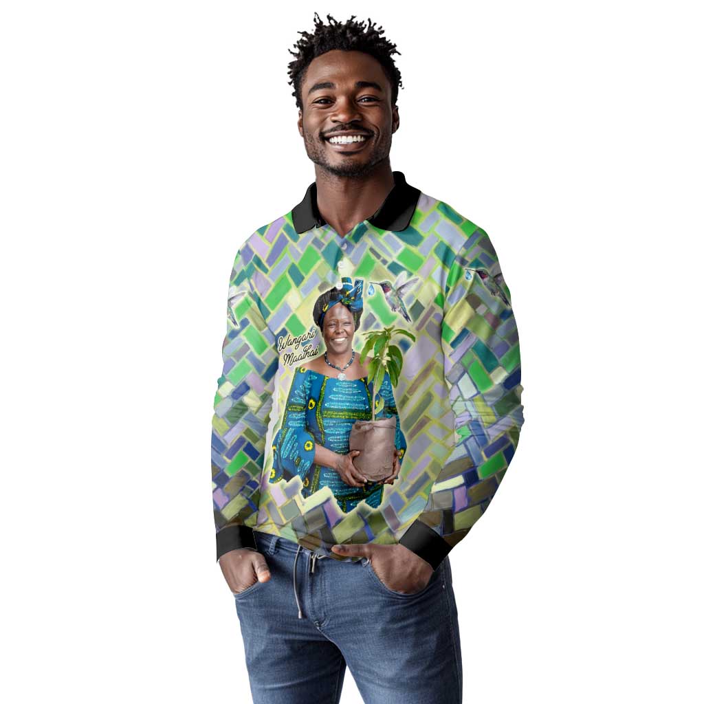 Wangari Maathai Long Sleeve Polo Shirt Hummingbird Quote Tree Planting Theme Environmental Justice Tribute - African Pride