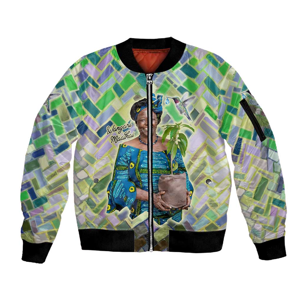 Wangari Maathai Sleeve Zip Bomber Jacket Hummingbird Quote Tree Planting Theme Environmental Justice Tribute - African Pride