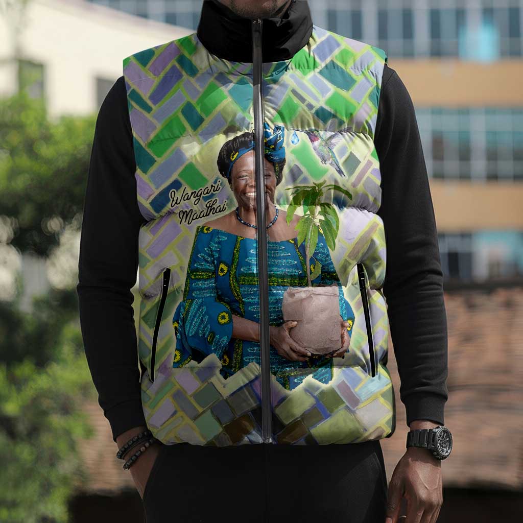 Wangari Maathai Sleeveless Puffer Jacket Hummingbird Quote Tree Planting Theme Environmental Justice Tribute - African Pride
