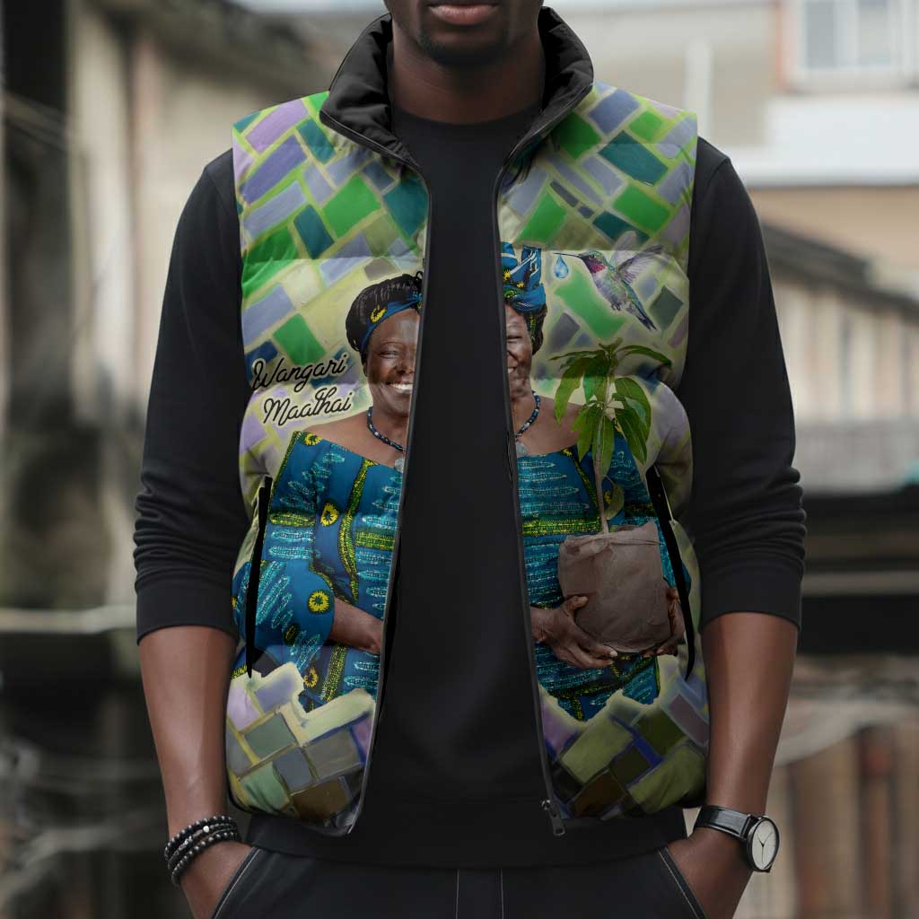 Wangari Maathai Sleeveless Puffer Jacket Hummingbird Quote Tree Planting Theme Environmental Justice Tribute - African Pride