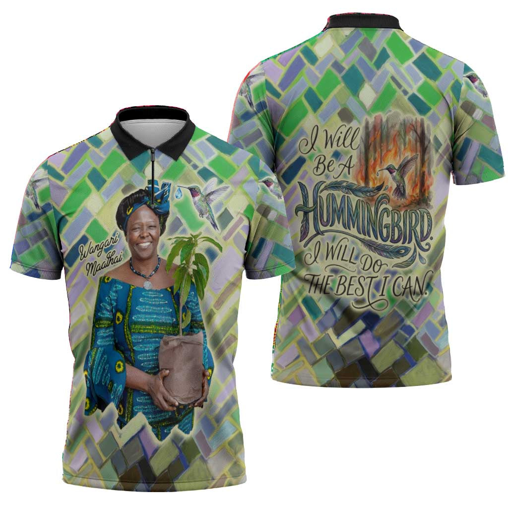 Wangari Maathai Zipper Polo Shirt Hummingbird Quote Tree Planting Theme Environmental Justice Tribute - African Pride