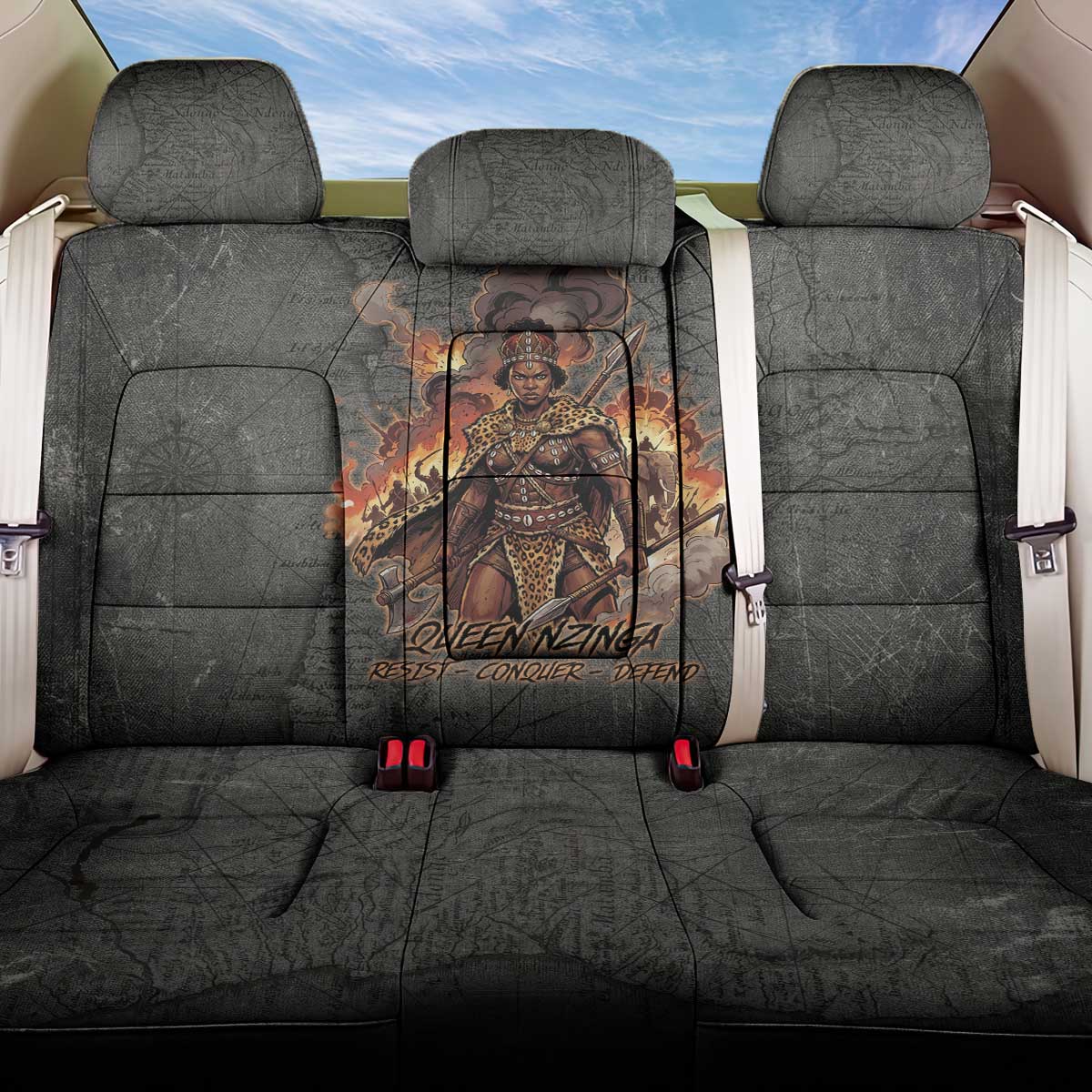Queen Nzinga Back Car Seat Cover Fierce African Warrior Queen - Dark Tribal Fire Art - African Pride