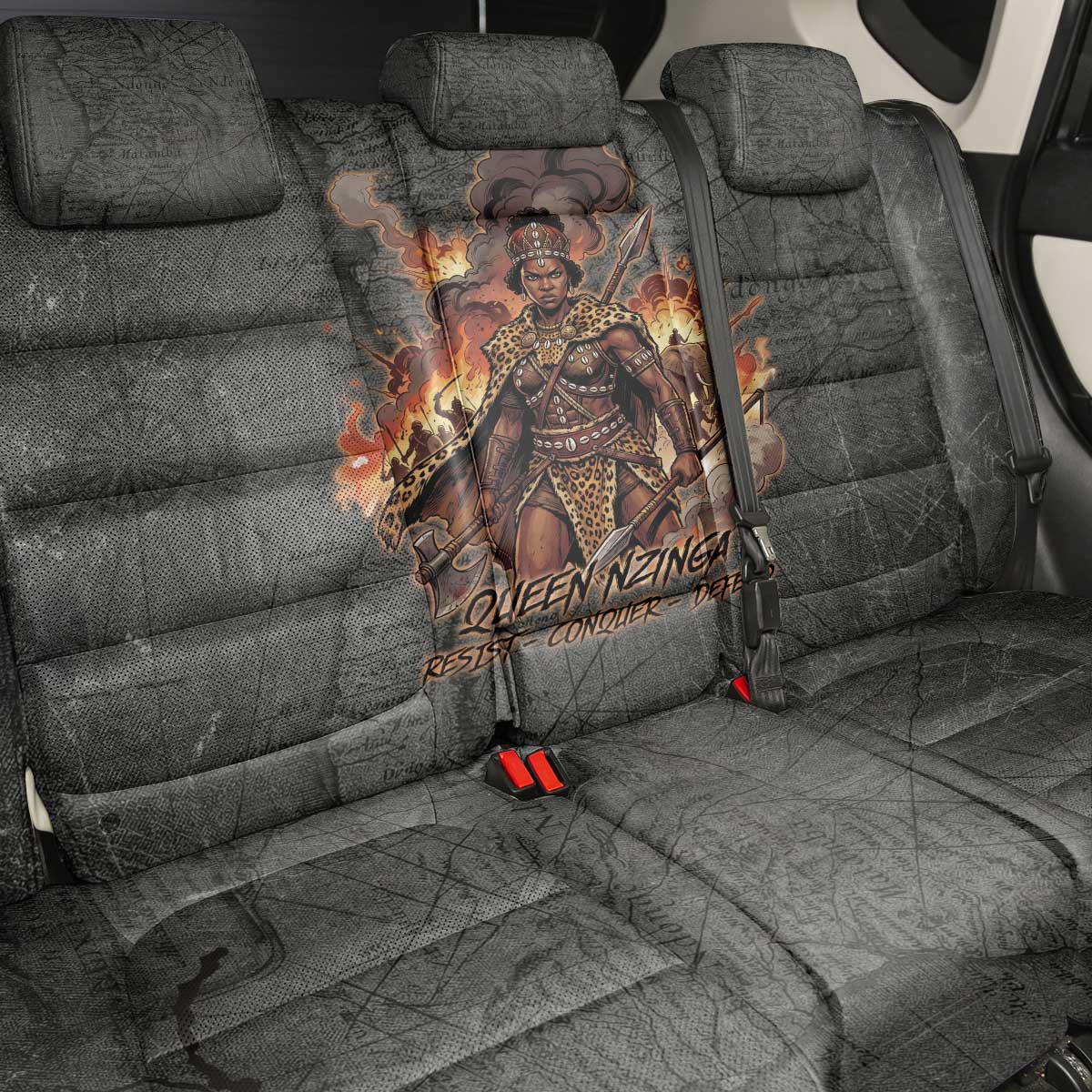 Queen Nzinga Back Car Seat Cover Fierce African Warrior Queen - Dark Tribal Fire Art - African Pride