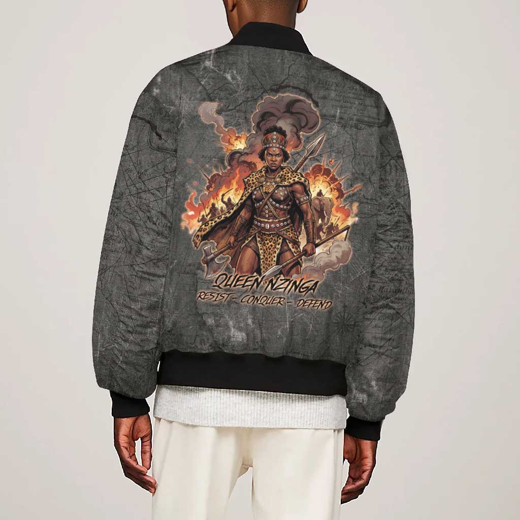 Queen Nzinga Bomber Jacket Fierce African Warrior Queen - Dark Tribal Fire Art - African Pride