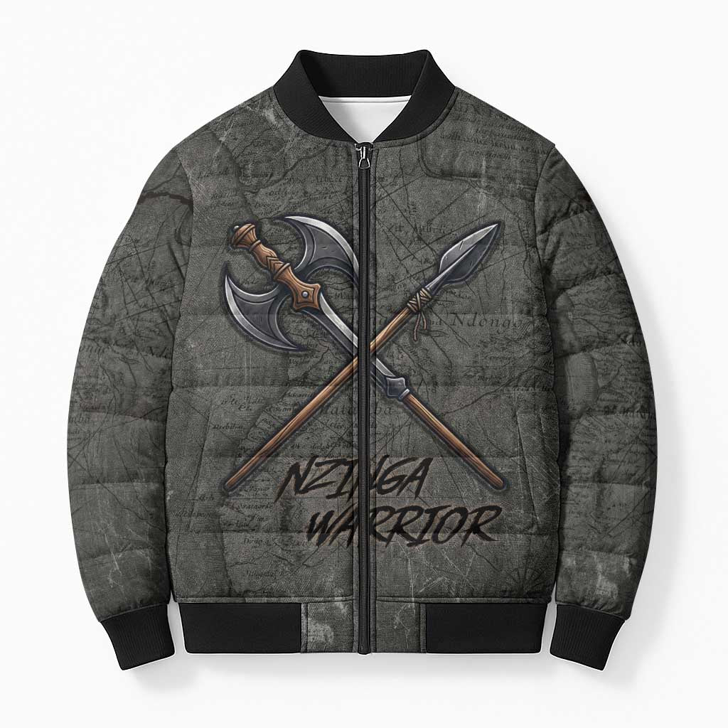 Queen Nzinga Bomber Puffer Jacket Fierce African Warrior Queen - Dark Tribal Fire Art - African Pride