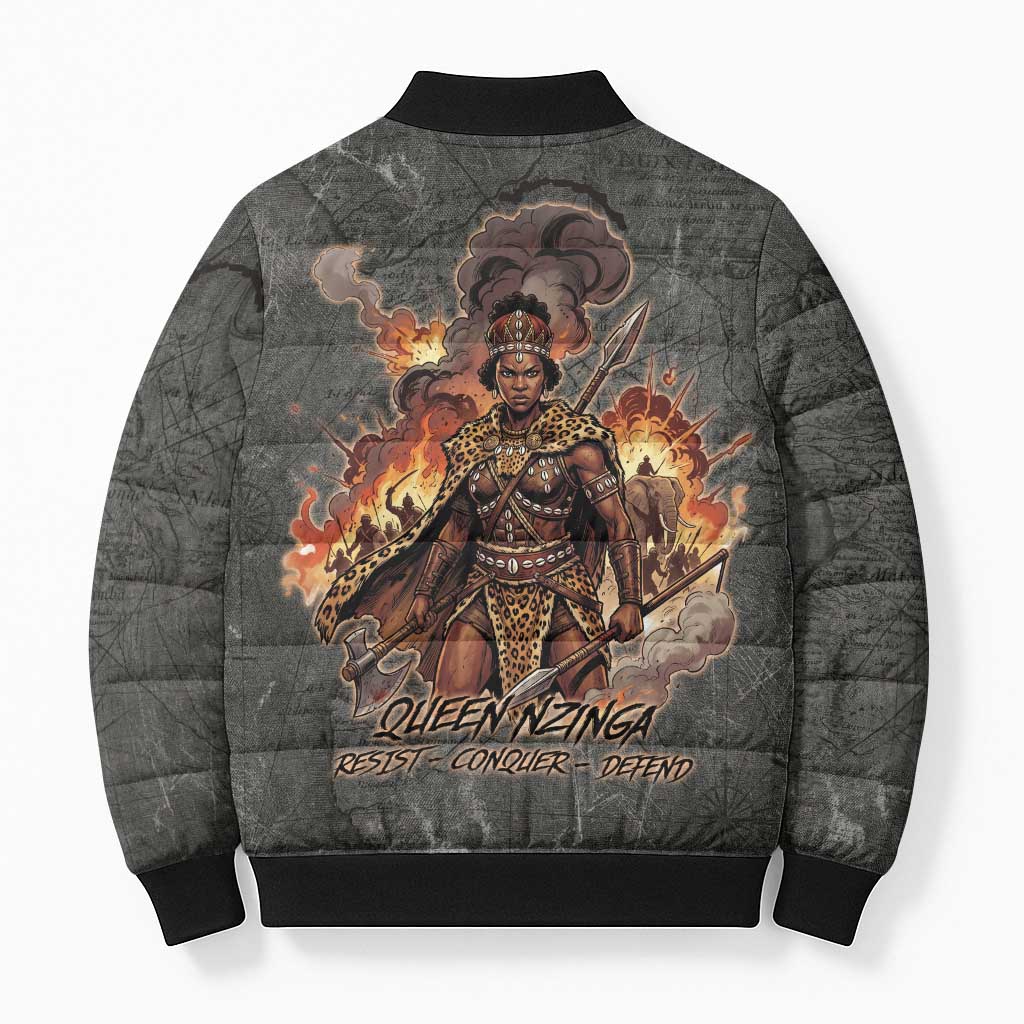 Queen Nzinga Bomber Puffer Jacket Fierce African Warrior Queen - Dark Tribal Fire Art - African Pride