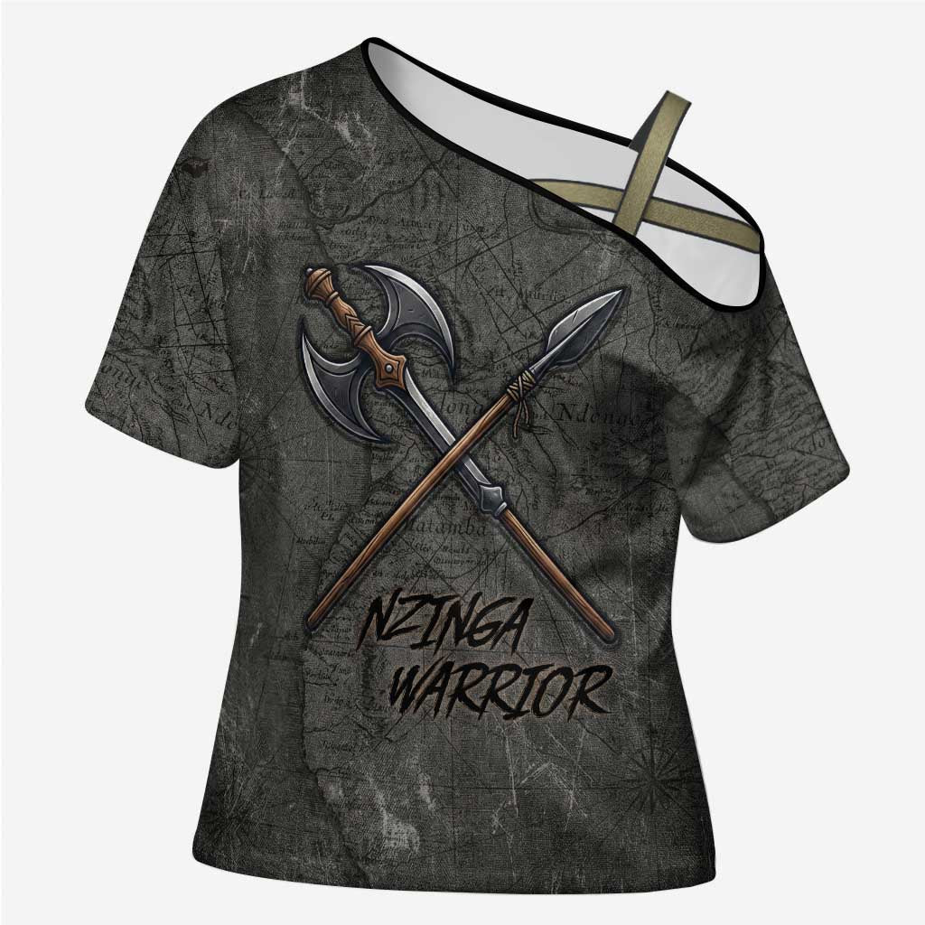 Queen Nzinga Cross Shoulder Shirt Fierce African Warrior Queen - Dark Tribal Fire Art - African Pride