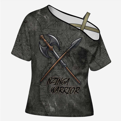 Queen Nzinga Cross Shoulder Shirt Fierce African Warrior Queen - Dark Tribal Fire Art - African Pride