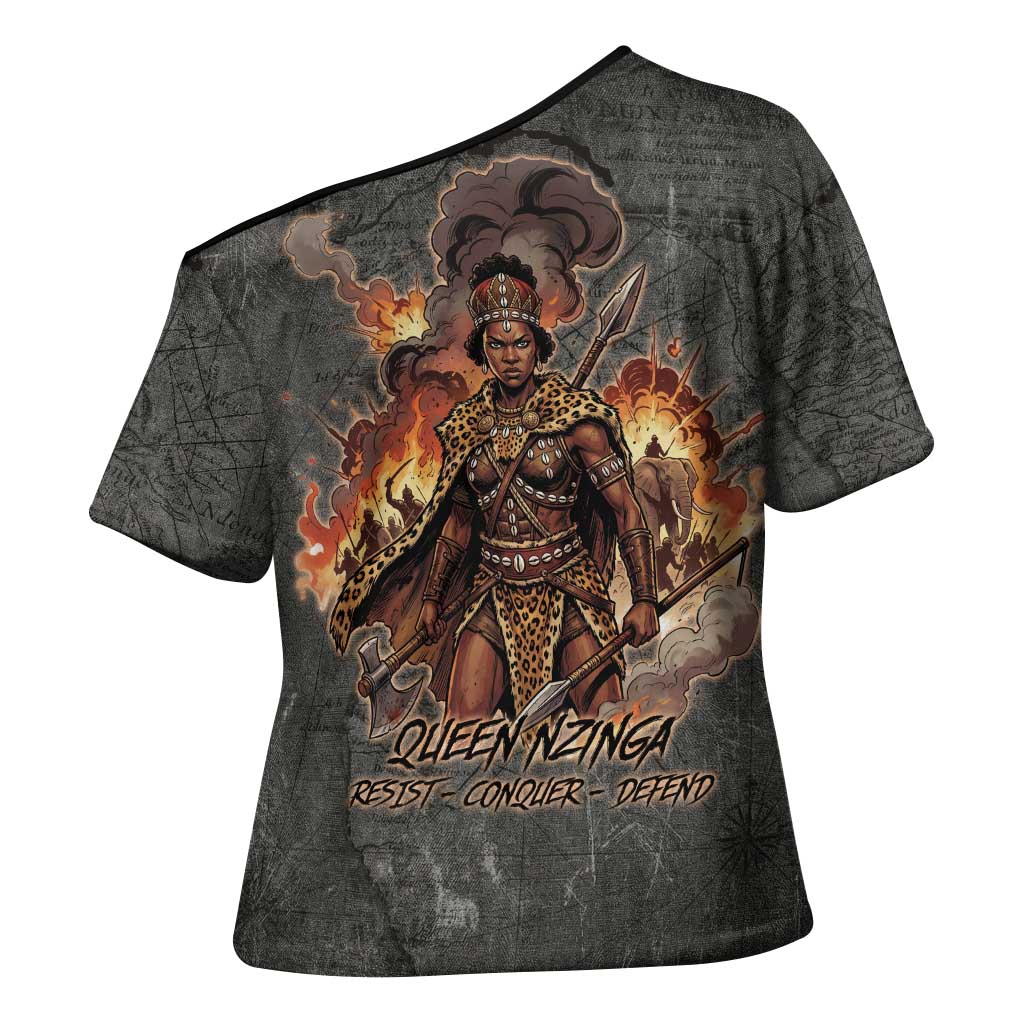Queen Nzinga Cross Shoulder Shirt Fierce African Warrior Queen - Dark Tribal Fire Art - African Pride