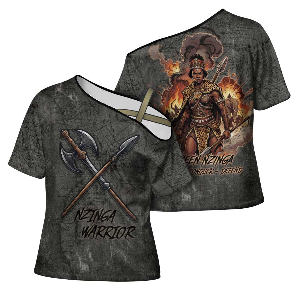 Queen Nzinga Cross Shoulder Shirt Fierce African Warrior Queen - Dark Tribal Fire Art - African Pride