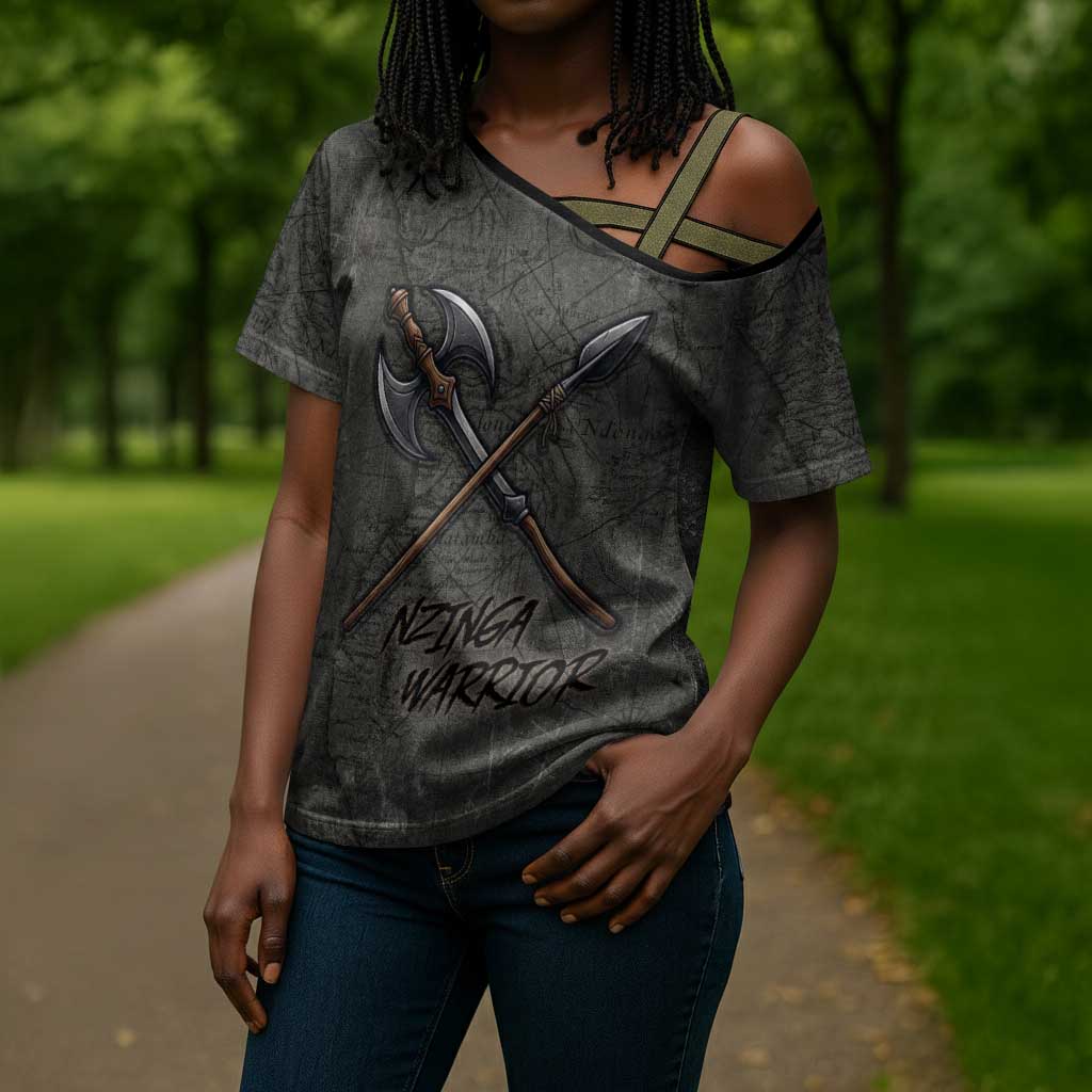 Queen Nzinga Cross Shoulder Shirt Fierce African Warrior Queen - Dark Tribal Fire Art - African Pride